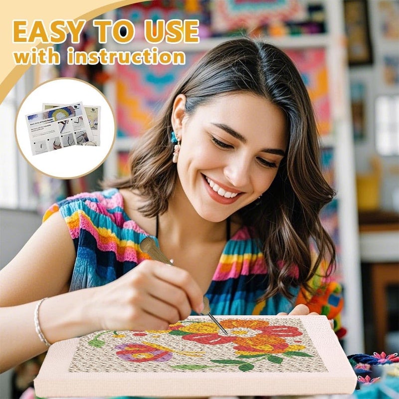 DOODLREAM DIY Punch Needle Embroidery Kit for Adult Beginner, 9.4" Flower and Butterfly Punch Stitching Craft Set for Starter with Frame, Fabric Pattern, Threader, Yarn, Pinch Needle - Image 3